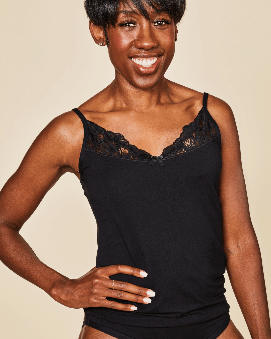 Lace trimmed cotton cami in black