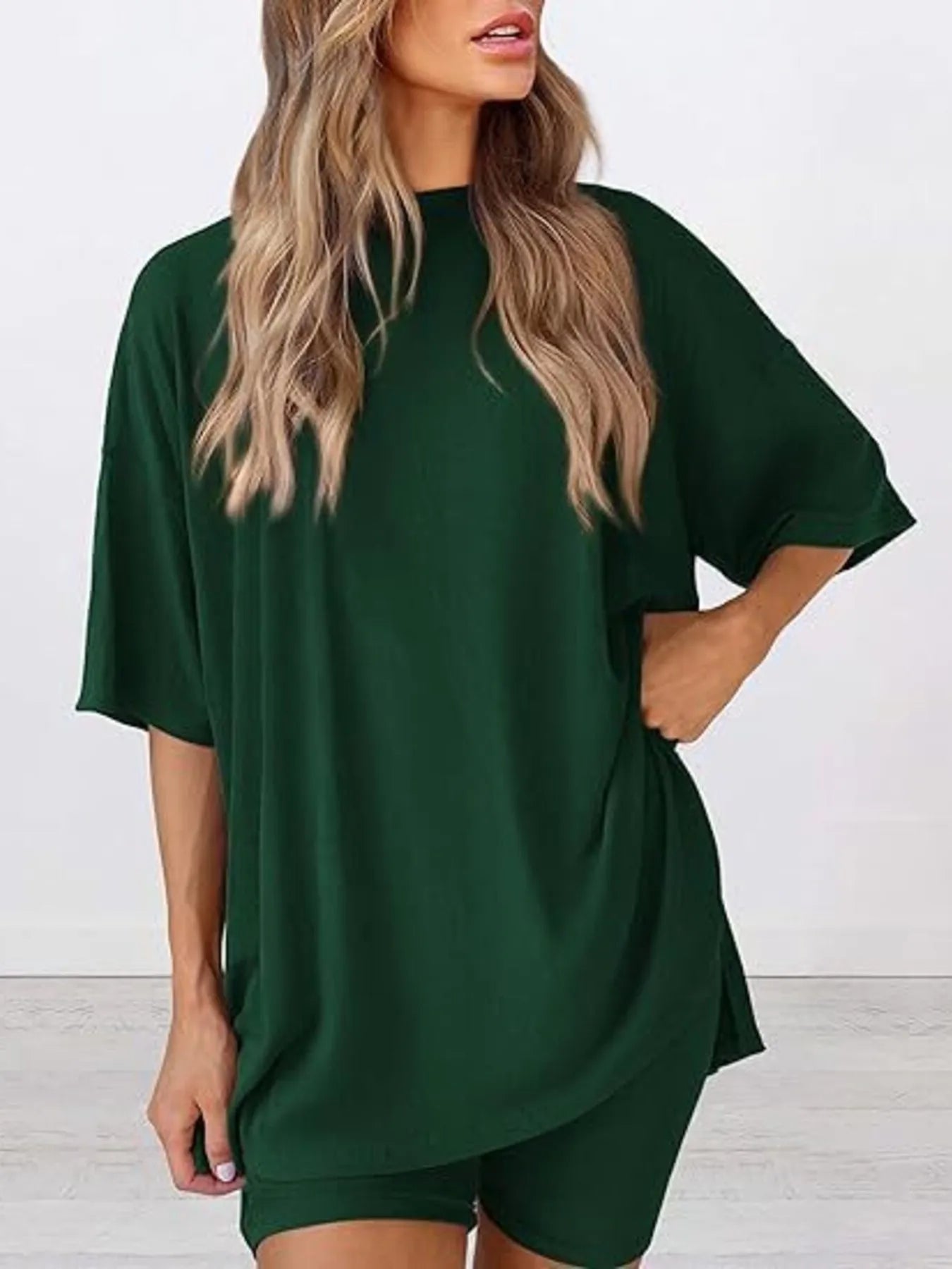 Full Size Oversized Slit Round Neck Top and Shorts Lounge Set Plus Size