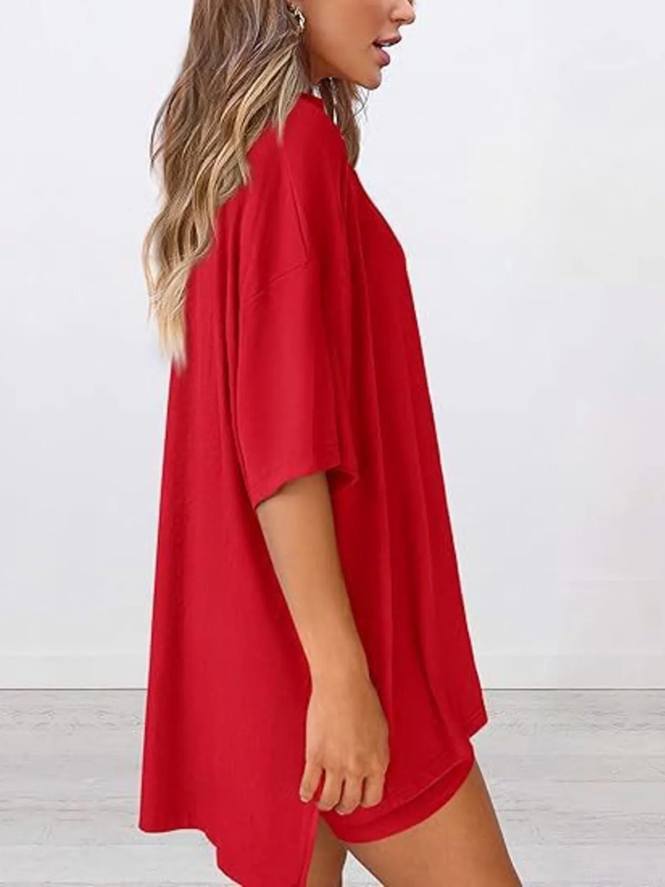Full Size Oversized Slit Round Neck Top and Shorts Lounge Set Plus Size