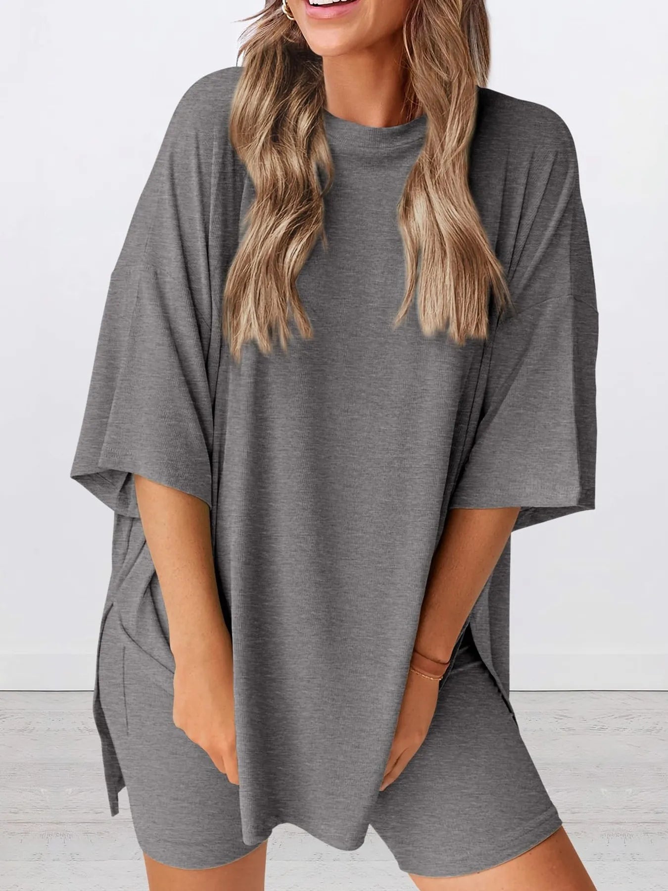 Full Size Oversized Slit Round Neck Top and Shorts Lounge Set Plus Size