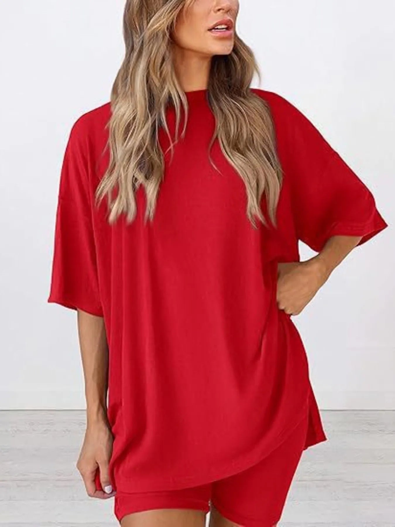 Full Size Oversized Slit Round Neck Top and Shorts Lounge Set Plus Size