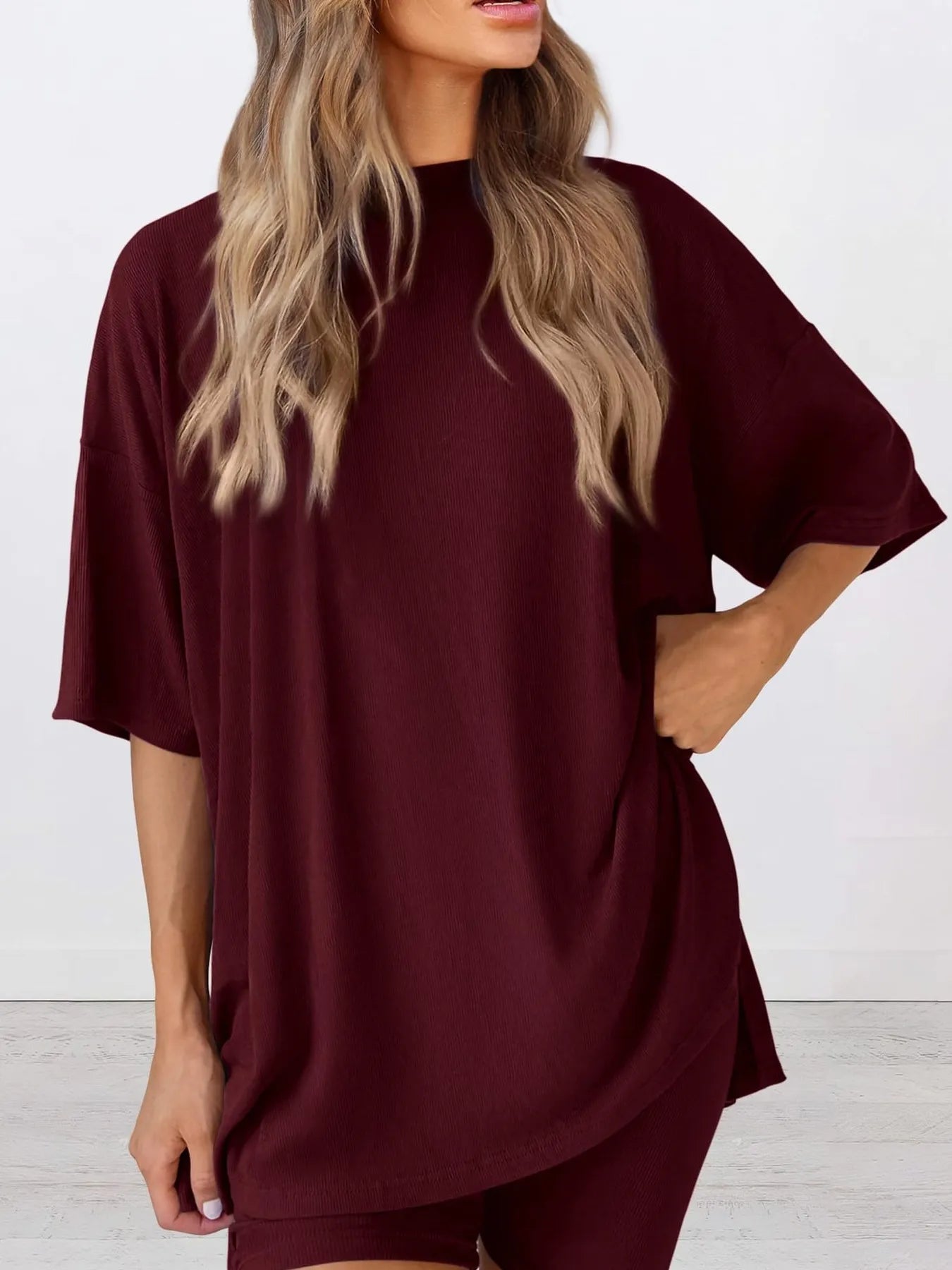 Full Size Oversized Slit Round Neck Top and Shorts Lounge Set Plus Size