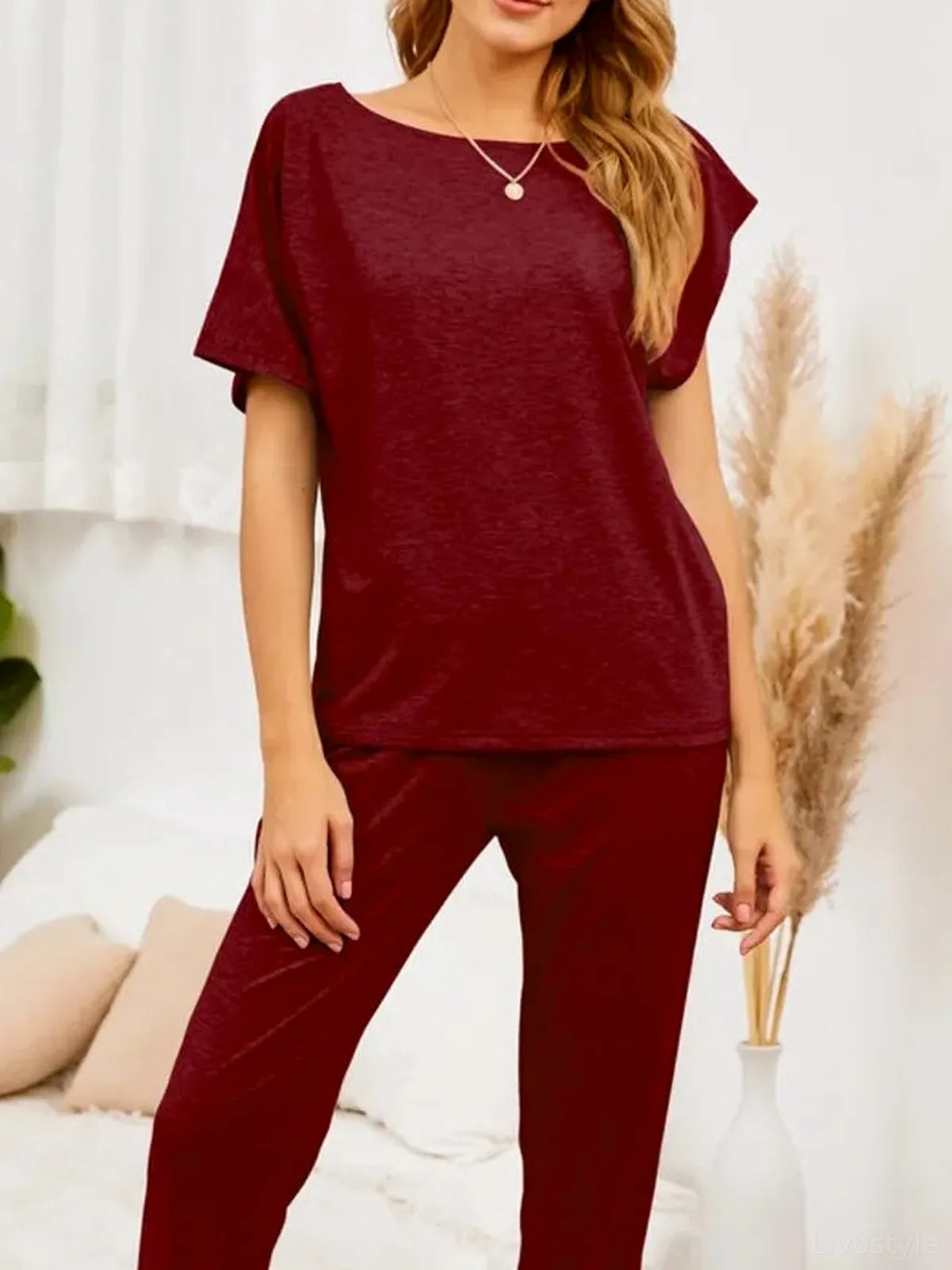 Boat Neck Top and Pants Lounge Set