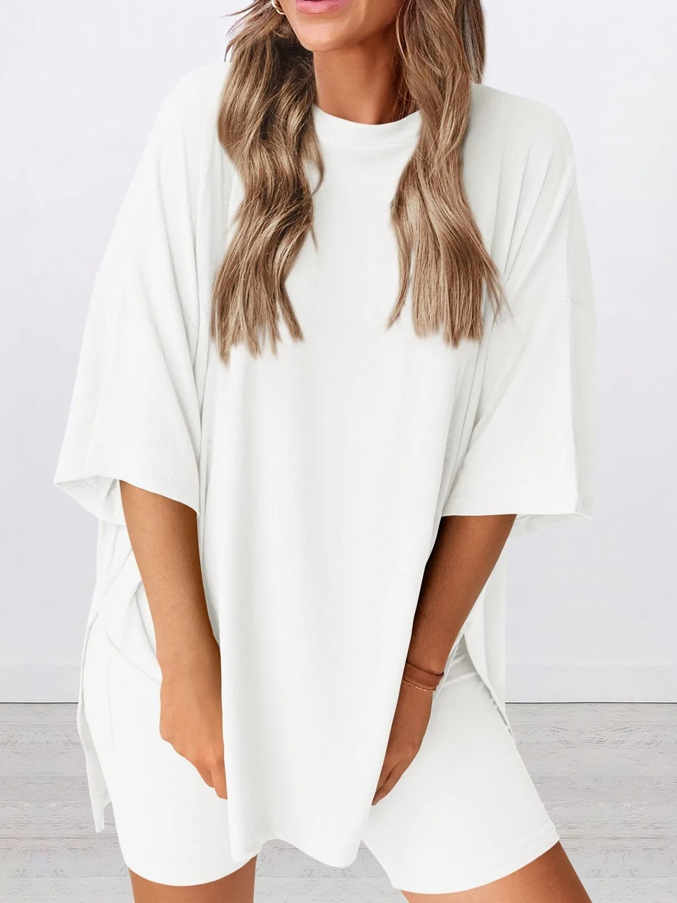 Full Size Oversized Slit Round Neck Top and Shorts Lounge Set Plus Size