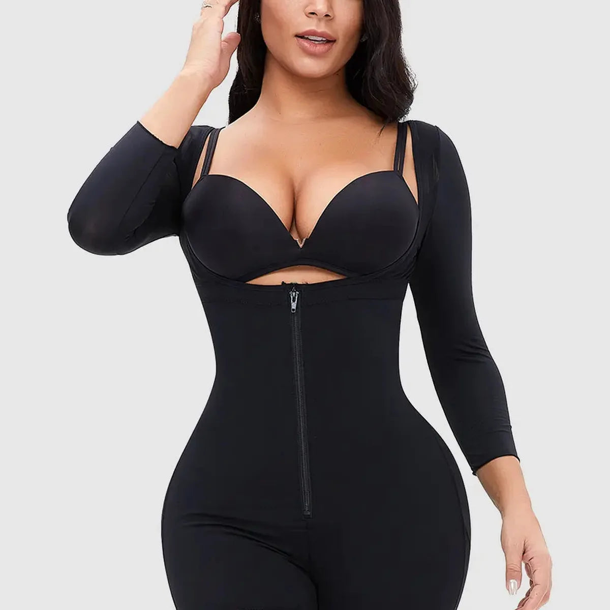 Zip Up Lace Detail Long Sleeve Shapewear
