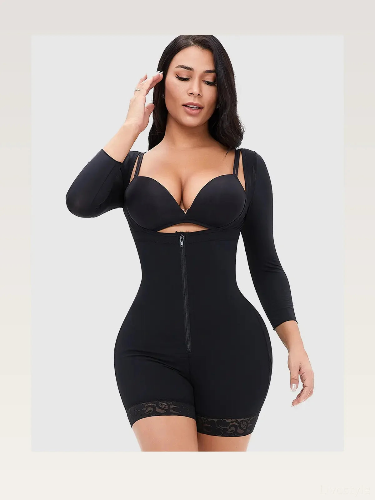 Zip Up Lace Detail Long Sleeve Shapewear
