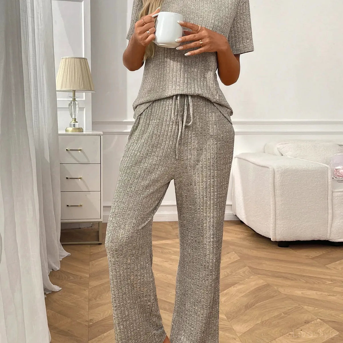 Ribbed Knit Short Sleeve Top and Pants Lounge Set
