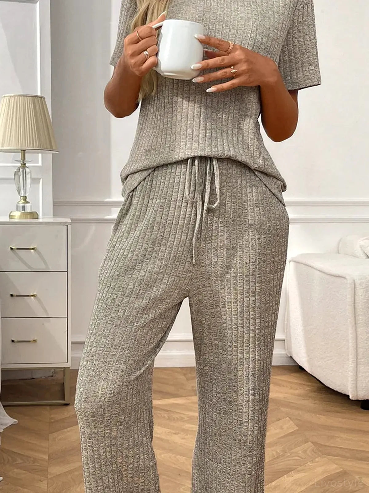Ribbed Knit Short Sleeve Top and Pants Lounge Set
