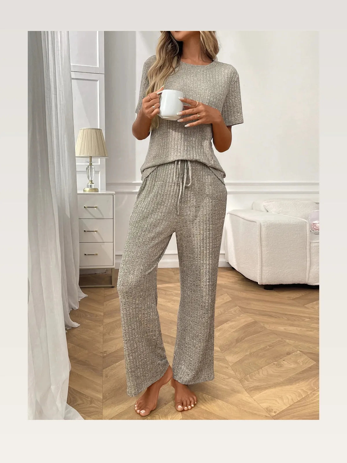 Ribbed Knit Short Sleeve Top and Pants Lounge Set