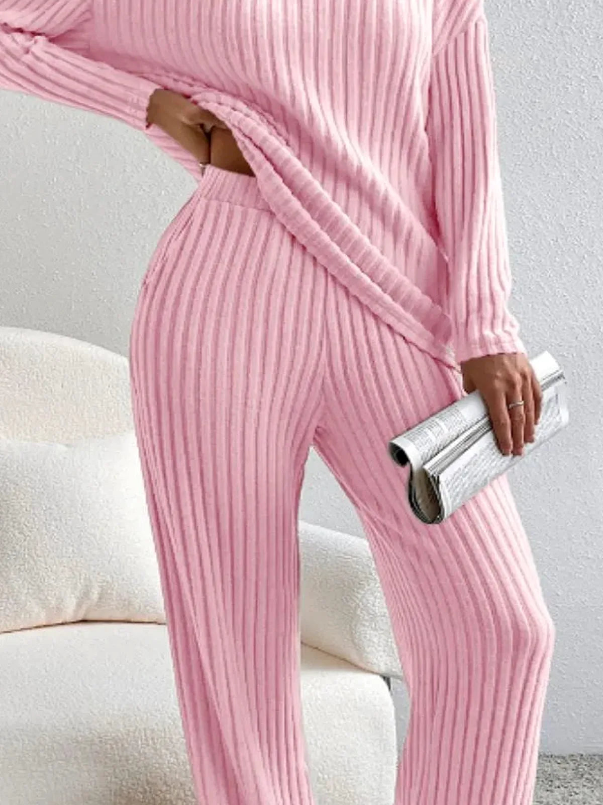 Ribbed V-Neck Top and Pants Lounge Set