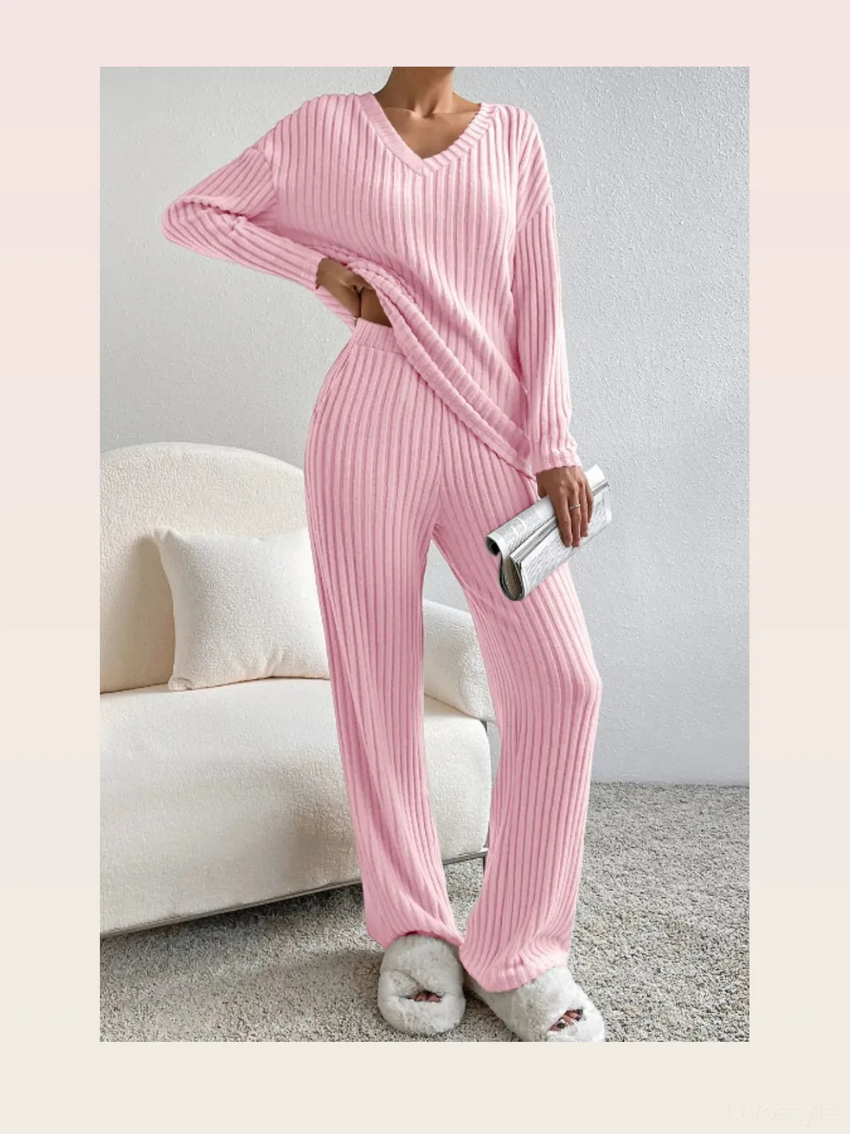 Ribbed V-Neck Top and Pants Lounge Set
