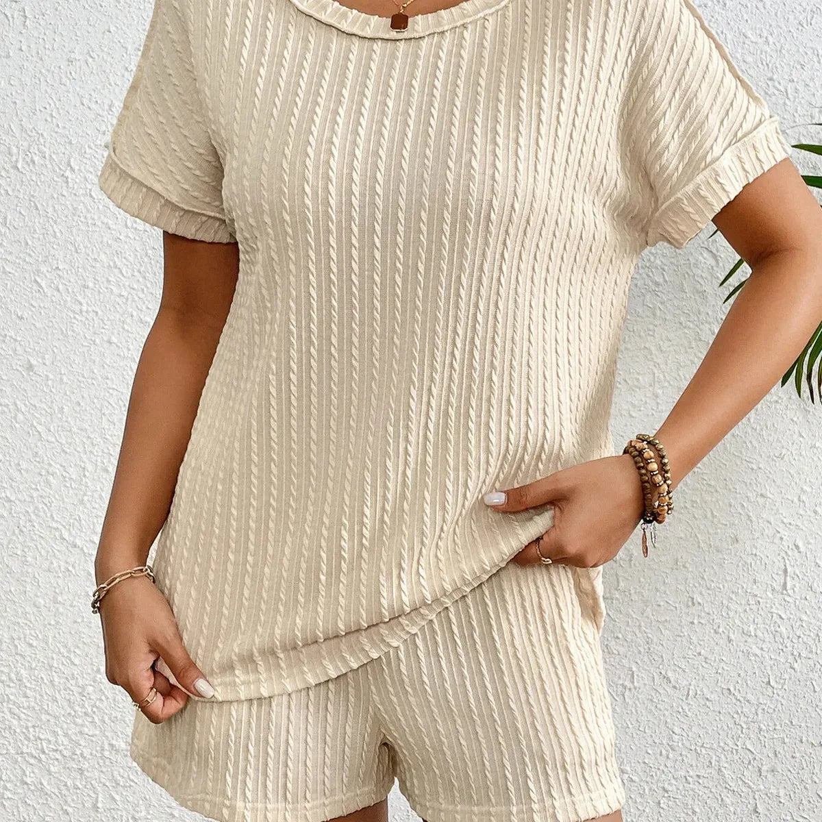 Texture Round Neck Top and Shorts Lounge Set