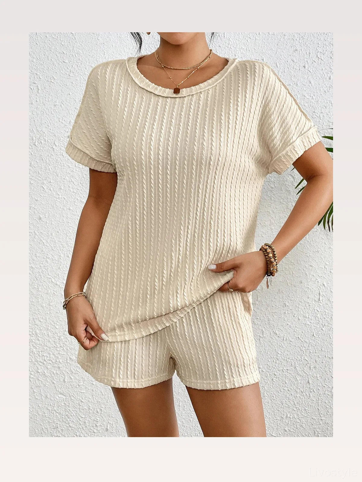 Texture Round Neck Top and Shorts Lounge Set