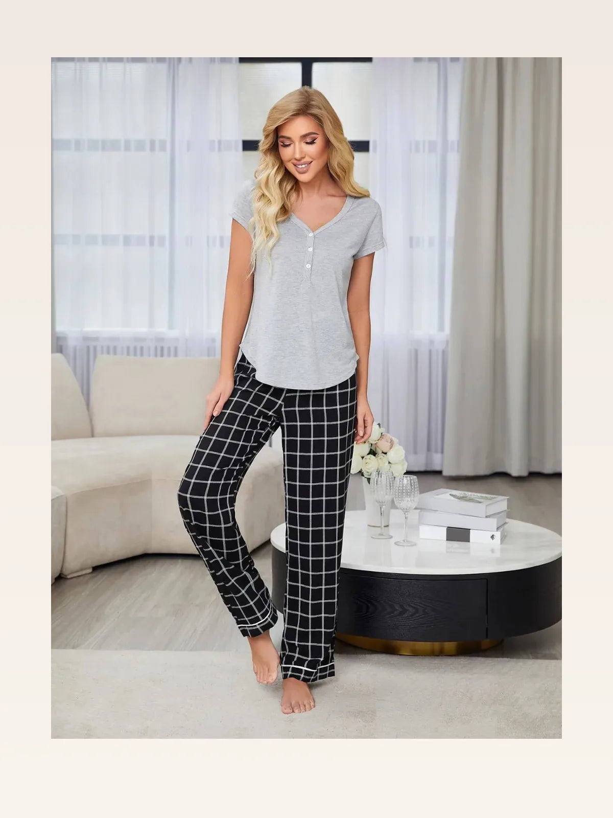 V-Neck Short Sleeve Top and Pants Lounge Set in Black