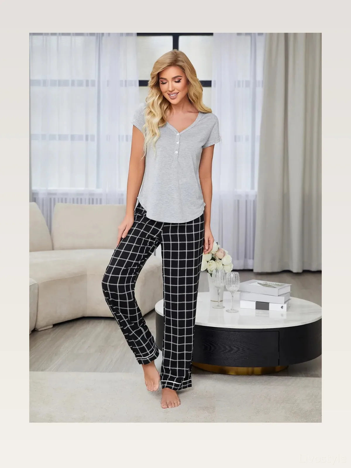 V-Neck Short Sleeve Top and Pants Lounge Set in Black